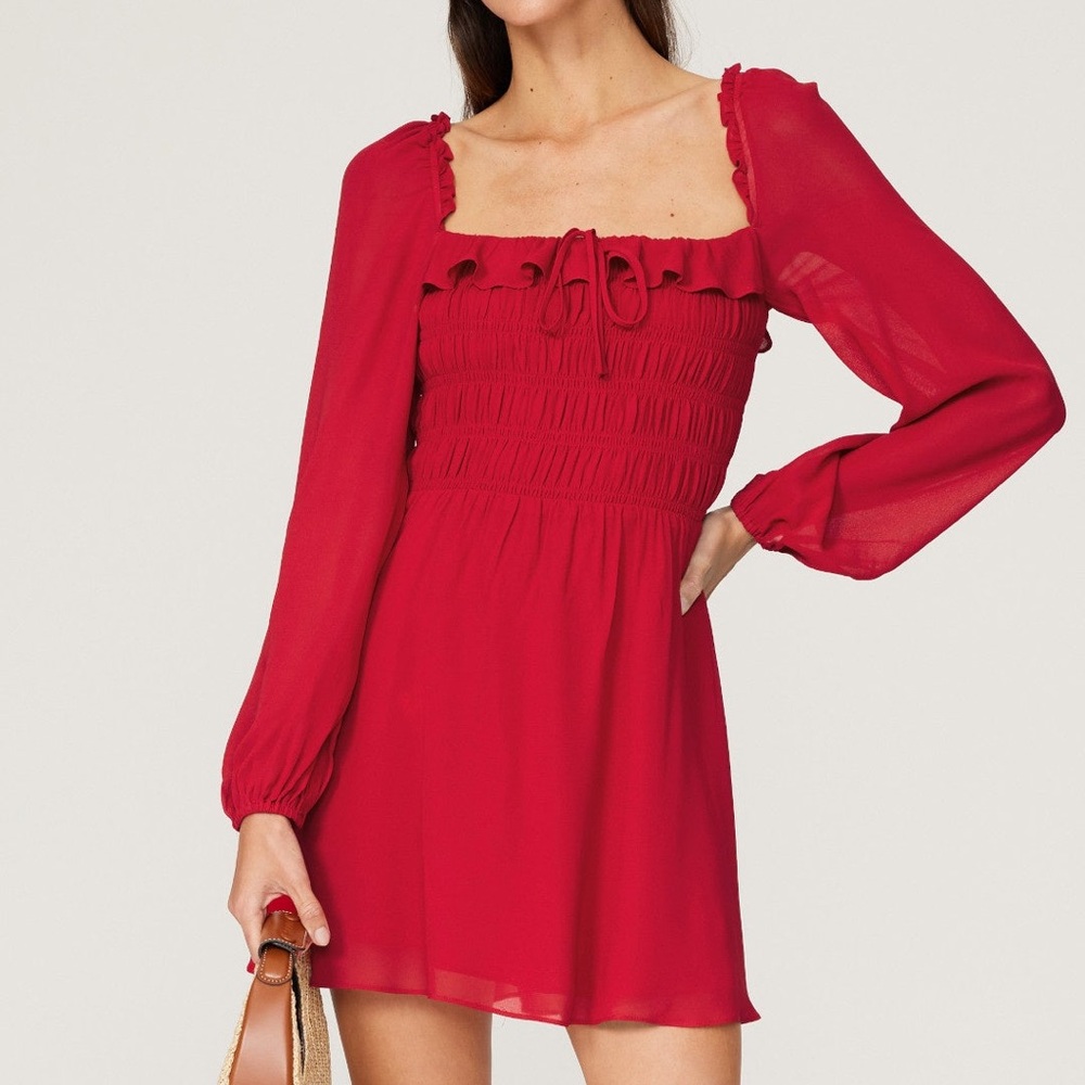Reformation Morris Dress Red Smocked Long-Sleeve Mini Dress Women’s Size 0 NWOT